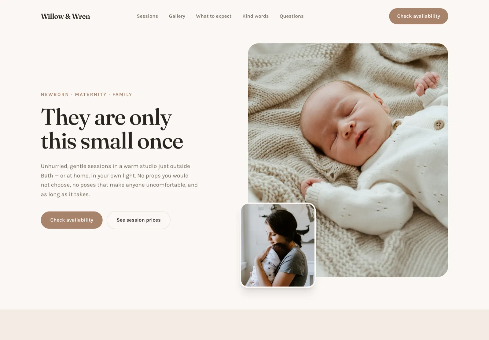 Homepage of the Willow & Wren newborn & family photography website demo