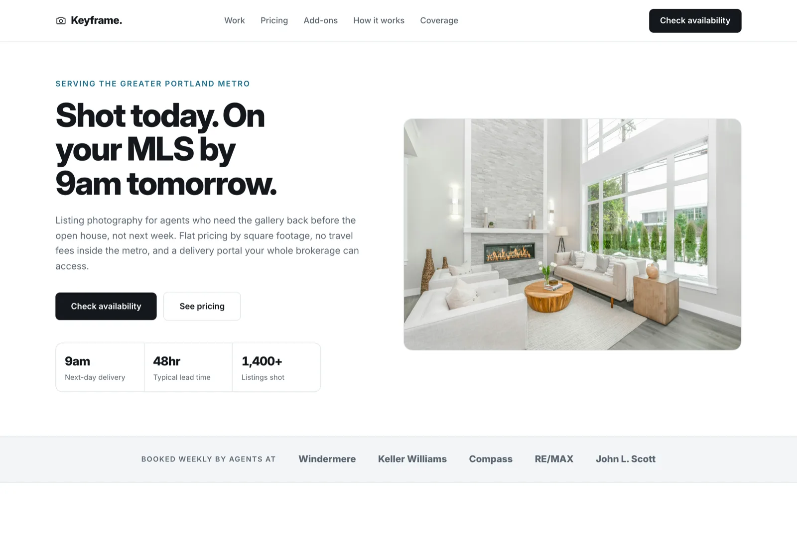 Homepage of the Keyframe. real estate photography website demo
