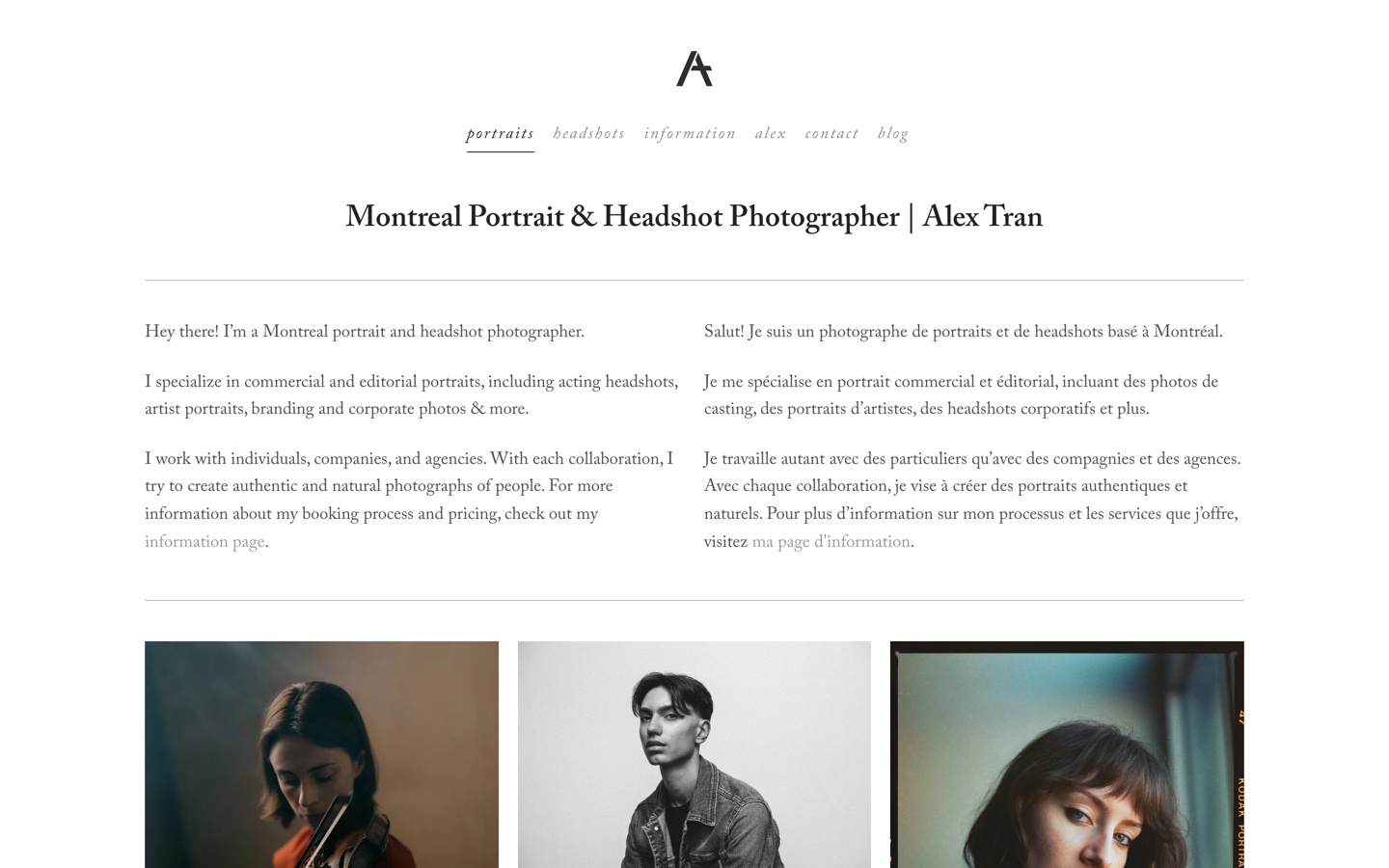 Alex Tran photography homepage with an h1 reading Montreal Portrait and Headshot Photographer above two columns of bilingual copy