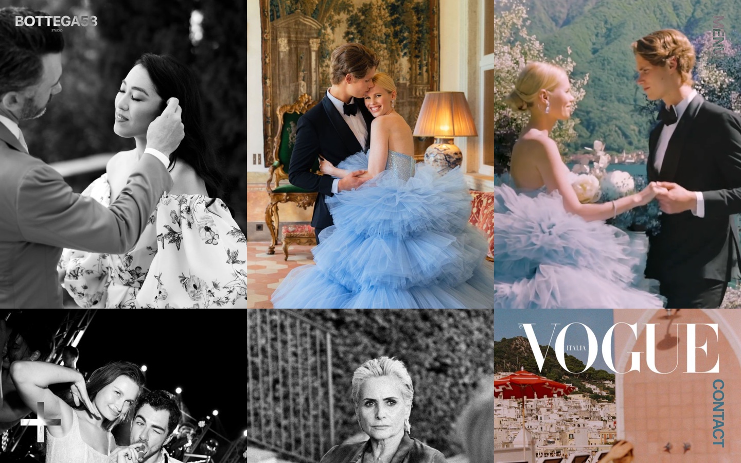 Bottega53 photography homepage showing a six-frame black and white wedding grid filling the viewport