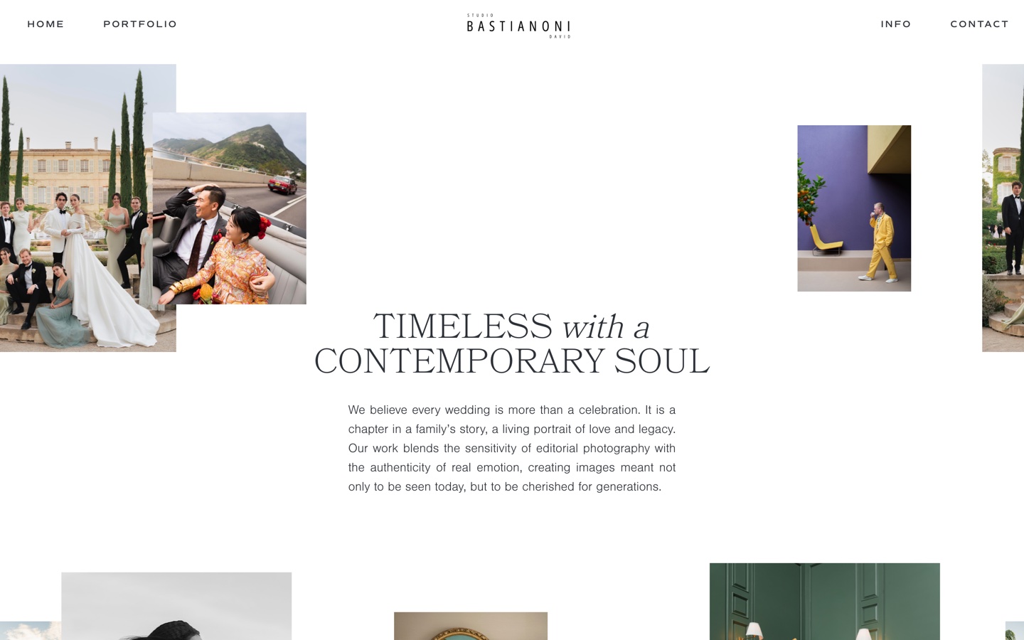 David Bastianoni photography homepage showing a scattered collage of wedding images with a four-item navigation