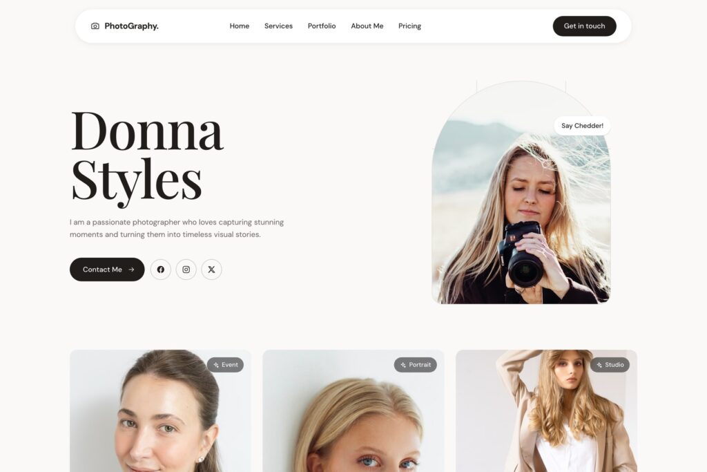 Photography website homepage layout example