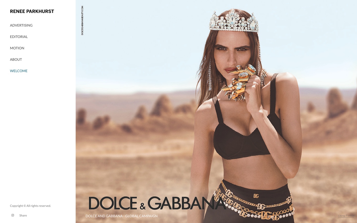 Renee Parkhurst photography homepage with a full-bleed Dolce and Gabbana campaign image and a sidebar navigation