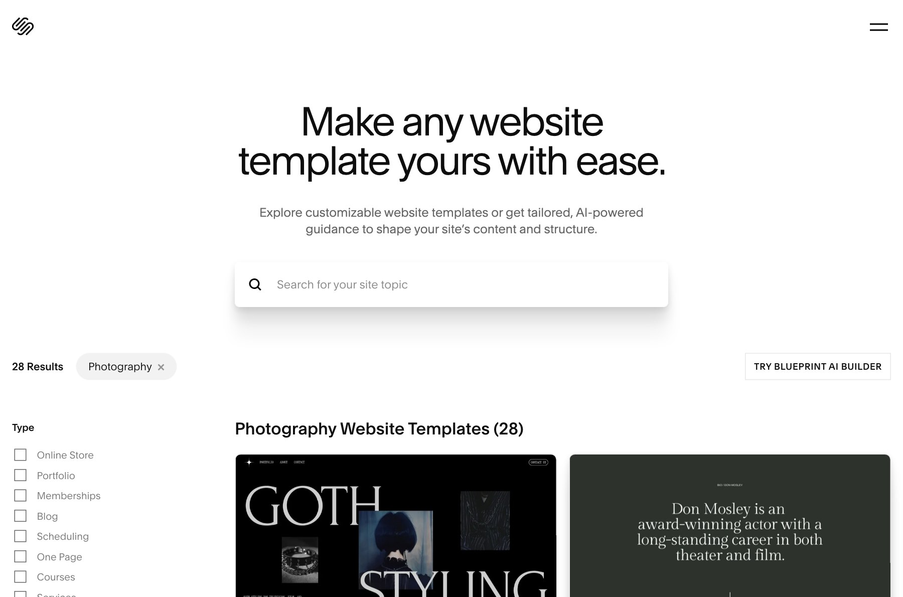 Squarespace photography website templates gallery