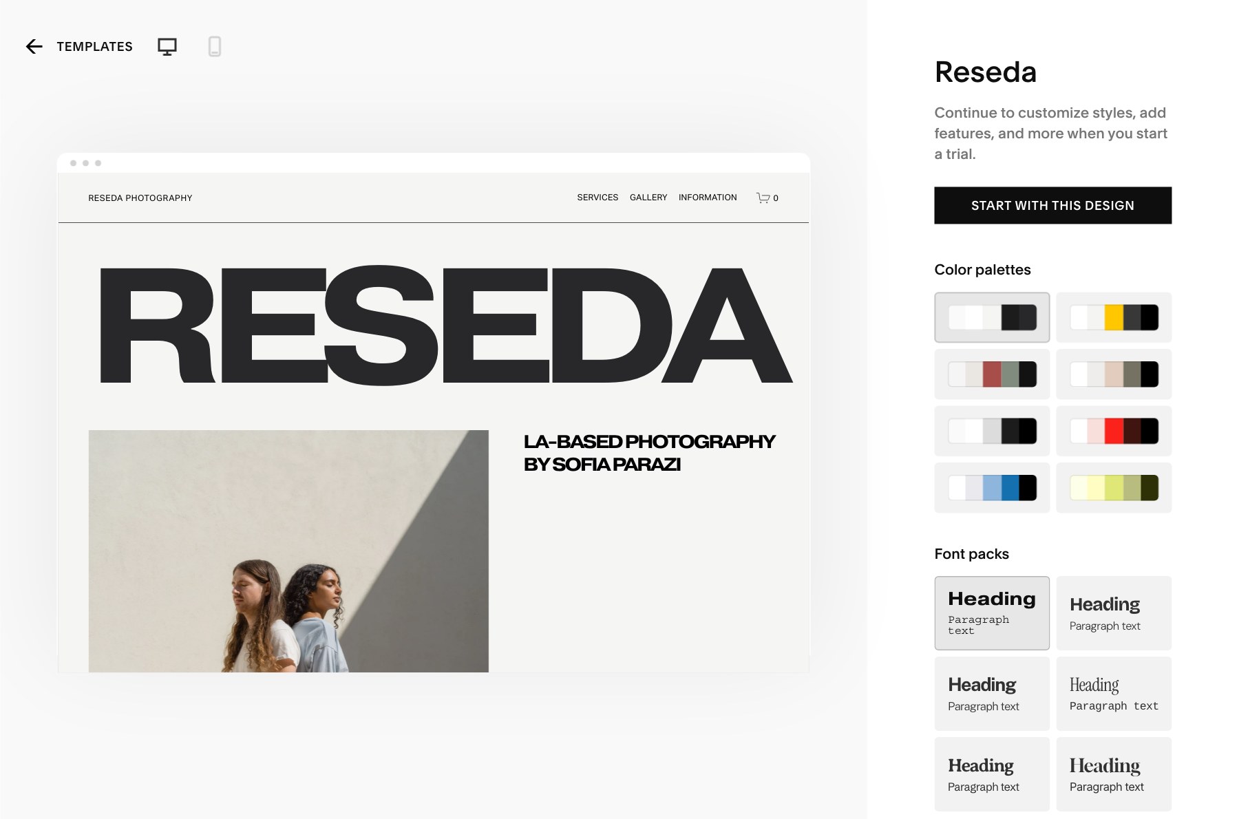 Squarespace template preview showing colour palette and font pack options