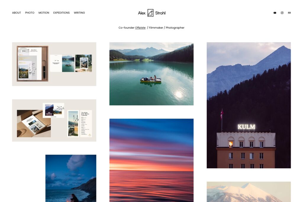 Alex Strohl photography website showing a grid of landscape and adventure photographs
