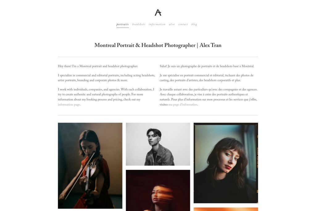 Alex Tran portrait photography website with a headline naming the service and city above a grid of portraits