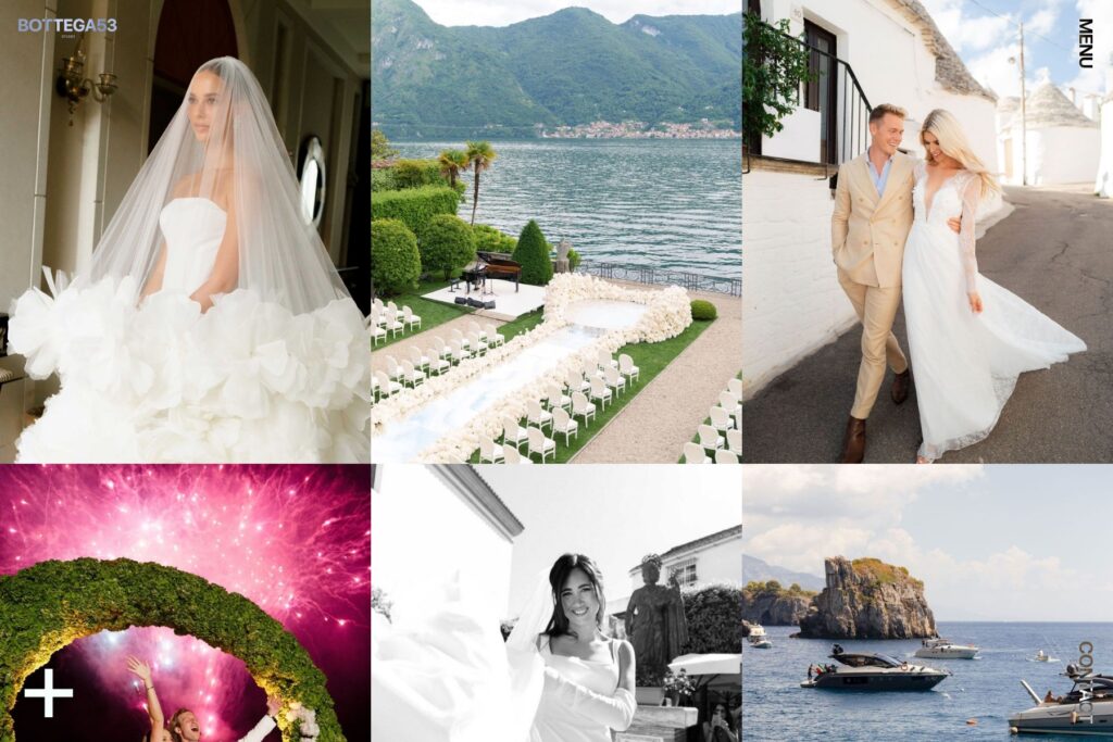 Bottega53 wedding photography website showing a six image grid of black and white and colour wedding photographs