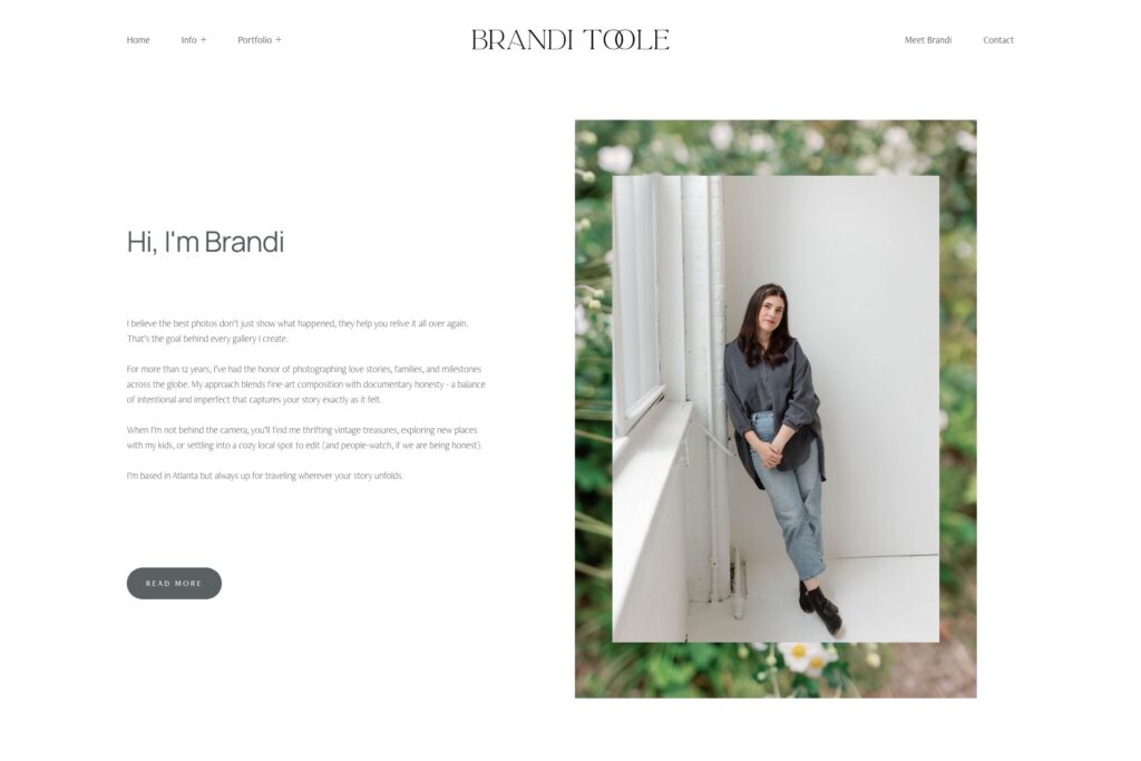 Brandi Toole photographer about page headed Hi I am Brandi with a portrait of the photographer