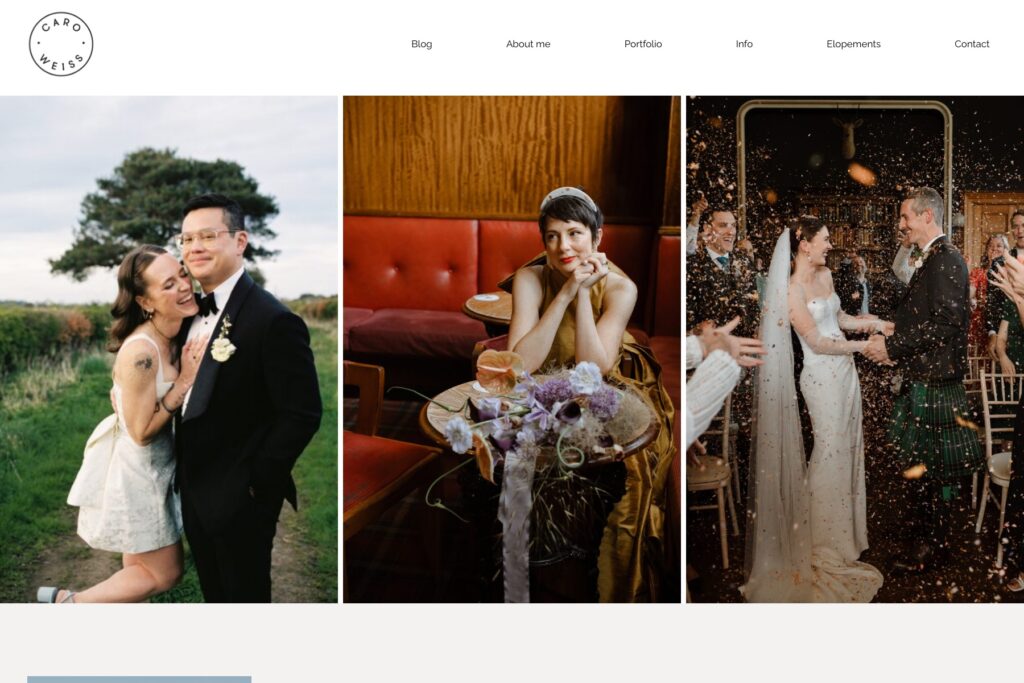 Caro Weiss wedding photography website showing three documentary wedding photographs side by side