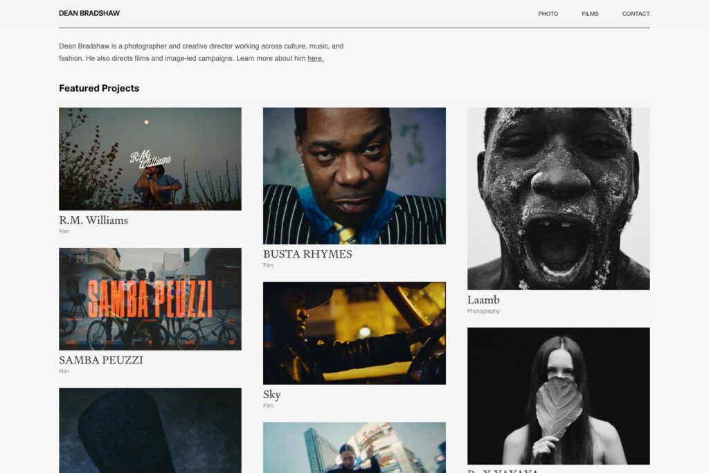 Dean Bradshaw photography website showing a dense grid of editorial and music portraits
