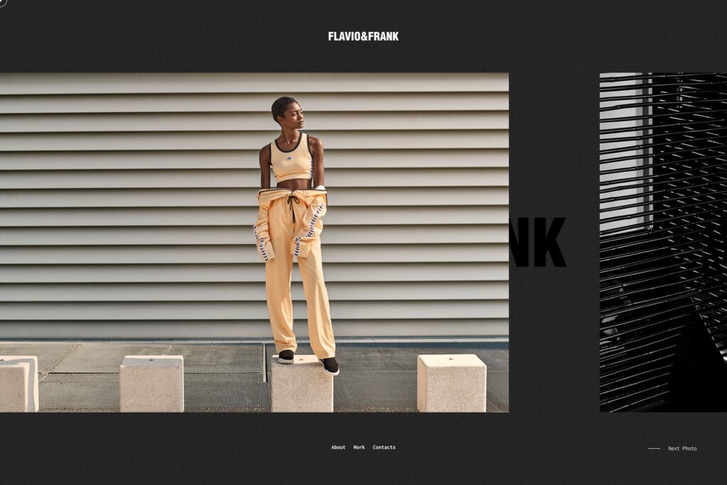 Flavio and Frank photography website with a bold full-width fashion photograph on a dark ground