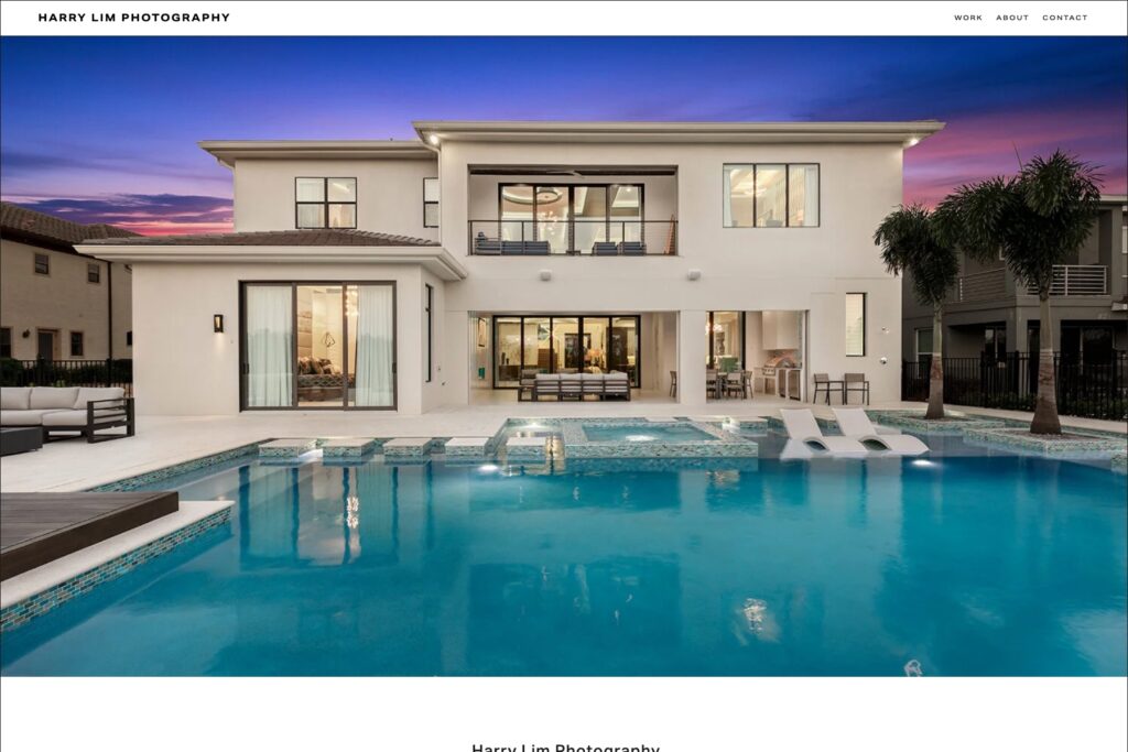 Harry Lim real estate photography website showing a luxury home and pool at dusk