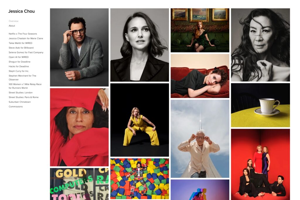 Jessica Chou photography website showing a dense grid of colourful celebrity portraits