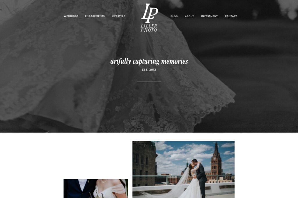 Liller Photo wedding photography website with a full width black and white bridal photograph